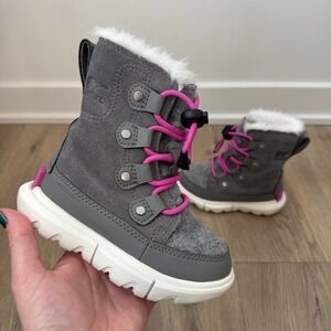 Sorel Explorer Youth Lace Boots Waterproof Gray Pink Fur Trim Size 8 Girls EUC
